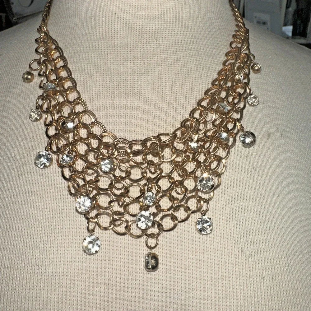 Vintage Y2K Gold Tone Clear Crystal Mesh Bib Waterfall Statement Necklace Glam